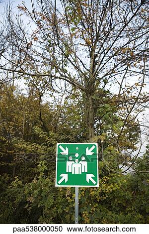 Emergency assembly sign in wooded area View Large Photo Image Stock Image - Emergency assembly sign in wooded area. Fotosearch