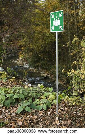 Emergency assembly sign in woods View Large Photo Image Stock Photo - Emergency assembly sign in woods. Fotosearch