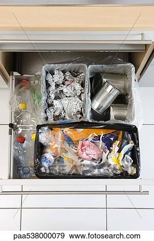 Stock Photo - Garbage can with separate compartments for sorting recyclables. Fotosearch