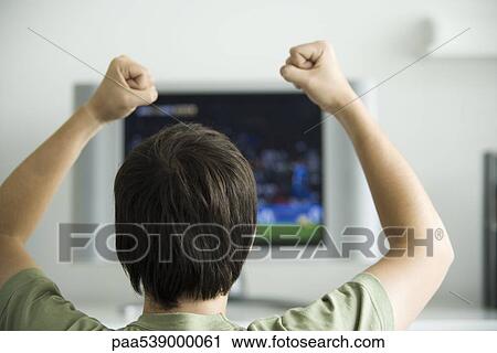 Stock Image - Male watching television, fists raised in air, rear view. Fotosearch