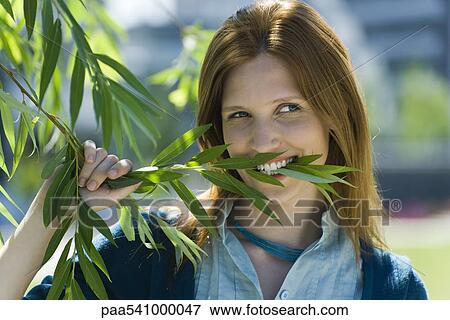 Young woman holding branch in teeth, portrait View Large Photo Image Stock Photo - Young woman holding branch in teeth, portrait. Fotosearch