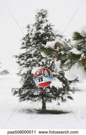 Christmas ornament hanging from snow frosted branch View Large Photo Image Stock Image - Christmas ornament hanging from snow frosted branch. Fotosearch
