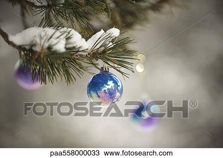 Christmas ornaments hanging from tree branch dusted with snow View Large Photo Image Stock Image - Christmas ornaments hanging from tree branch dusted with snow. Fotosearch
