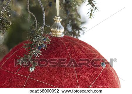 Red Christmas ornament hanging from evergreen branch, close-up View Large Photo Image Stock Image - Red Christmas ornament hanging from evergreen branch, close-up. Fotosearch