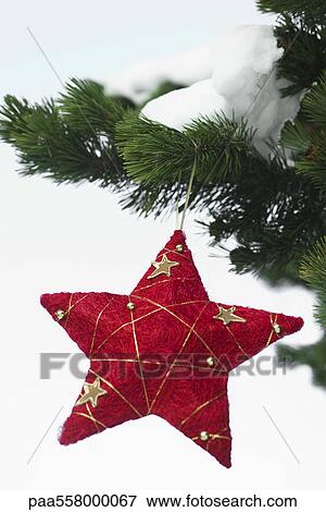 Stock Photo - Star Christmas ornament hanging from snow frosted branch. Fotosearch