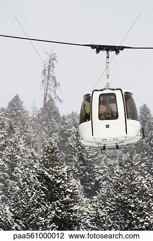 Stock Image - Overhead cable car moving past snow-covered trees. Fotosearch