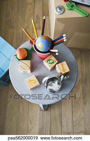 Educational toys on table, overhead view View Large Photo Image Stock Photo - Educational toys on table, overhead view. Fotosearch