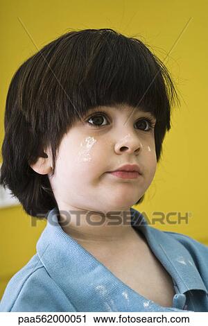 Little boy with flour on his face, portrait View Large Photo Image Stock Image - Little boy with flour on his face, portrait. Fotosearch
