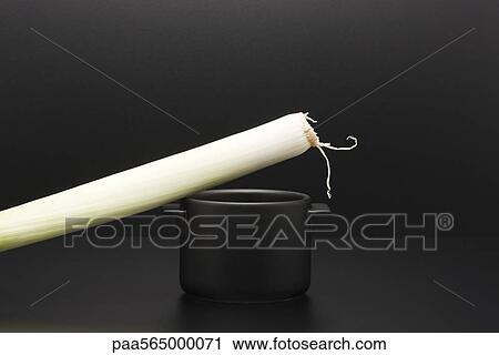 Stock Image - Food concept, leek resting on miniature pot. Fotosearch
