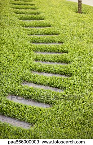 Stock Image - Footpath leading across lush green lawn. Fotosearch