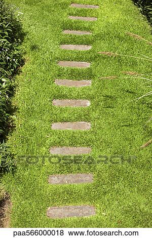 Stock Photo - Footpath leading away across lush green lawn. Fotosearch