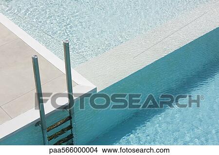 Picture - Swimming pool ladder at deep end separated from shallow pool by ledge. Fotosearch