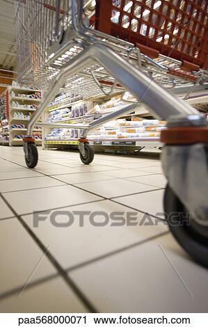 Shopping cart in supermarket, surface level view View Large Photo Image Stock Image - Shopping cart in supermarket, surface level view. Fotosearch