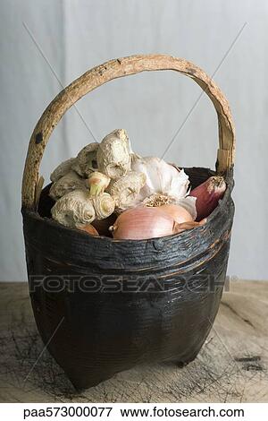 Stock Photo - Basket containing onions, garlic, and ginger root. Fotosearch