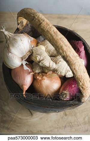 Onion, garlic, and ginger root in basket View Large Photo Image Stock Image - Onion, garlic, and ginger root in basket. Fotosearch