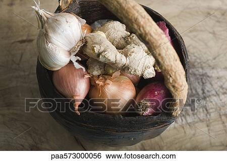 Onion, garlic, and ginger root in basket View Large Photo Image Stock Photograph - Onion, garlic, and ginger root in basket. Fotosearch
