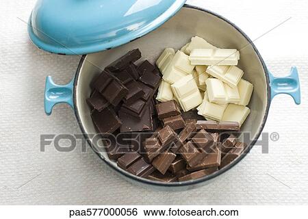 Dark, white, and milk chocolate chunks in pot to be melted for fondue View Large Photo Image Stock Photograph - Dark, white, and milk chocolate chunks in pot to be melted for fondue. Fotosearch