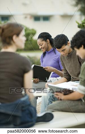 Stock Photograph - College students studying outdoors. Fotosearch