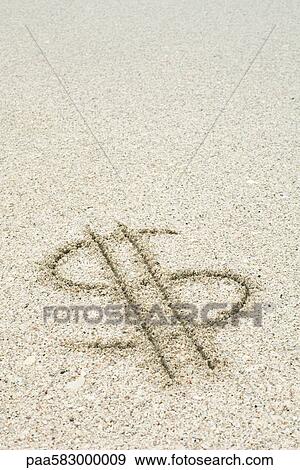 Stock Photo - Dollar sign drawn in sand at the beach. Fotosearch