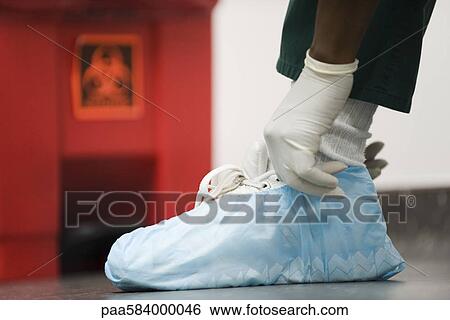 Healthcare worker putting on disposable shoe covers View Large Photo Image Stock Photograph - Healthcare worker putting on disposable shoe covers. Fotosearch
