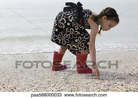 Stock Image - Girl picking up seashells on beach. Fotosearch