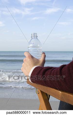 Person sitting relaxing at the beach, water bottle in hand View Large Photo Image Stock Image - Person sitting relaxing at the beach, water bottle in hand. Fotosearch