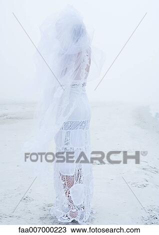 Stock Image - Bride standing on beach, hidden by veil. Fotosearch