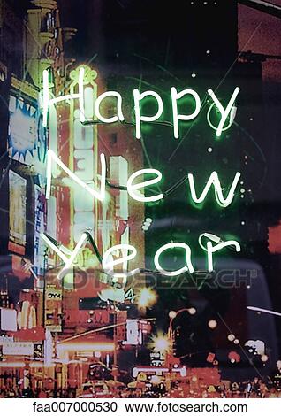 Happy New Year in neon lights, city scene in background View Large Photo Image Stock Image - Happy New Year in neon lights, city scene in background. Fotosearch