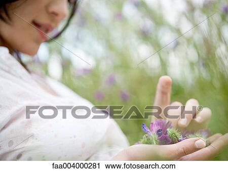 Woman holding flower in hand View Large Photo Image Stock Image - Woman holding flower in hand. Fotosearch