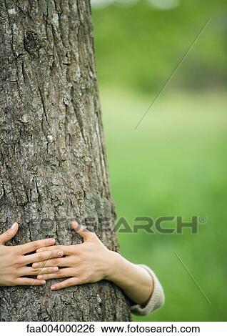 Stock Photograph - Woman's arms around tree. Fotosearch