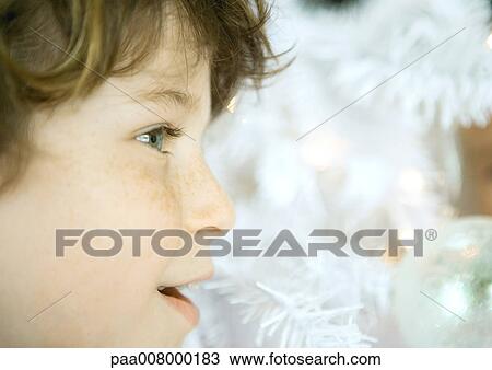 Stock Image - Boy's face in front of christmas tree. Fotosearch