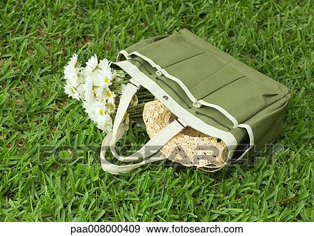 Gardening bag holding sunhat and bunch of daisies, lying on grass View Large Photo Image Stock Photo - Gardening bag holding sunhat and bunch of daisies, lying on grass. Fotosearch