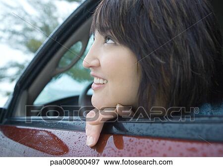 Woman looking out of car window View Large Photo Image Stock Photo - Woman looking out of car window. Fotosearch