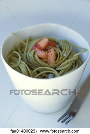 Stock Photo - Bowl of pesto pasta and fork. Fotosearch