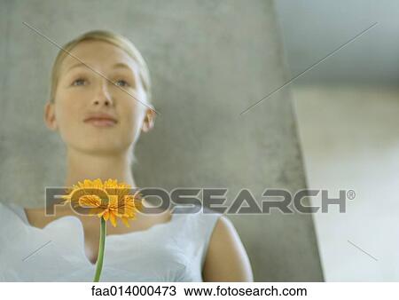 Woman holding flower, low angle view View Large Photo Image Stock Image - Woman holding flower, low angle view. Fotosearch