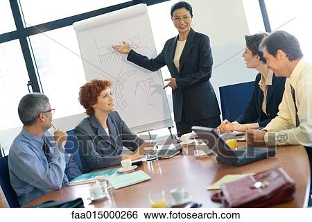Business meeting, woman standing, gesturing to flipchart View Large Photo Image Stock Photograph - Business meeting, woman standing, gesturing to flipchart. Fotosearch