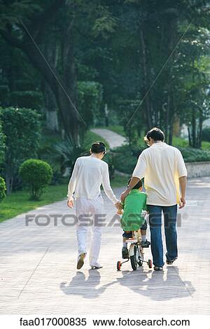 Stock Photography - Boy riding bicycle with training wheels, parents on either side, rear view. Fotosearch
