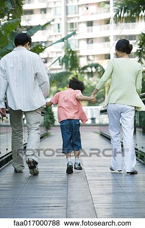 Stock Photo - Boy walking with parents, rear view, full length. Fotosearch