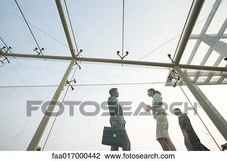 Two business executives standing in glass walkway, talking, low angle view View Large Photo Image Stock Image - Two business executives standing in glass walkway, talking, low angle view. Fotosearch