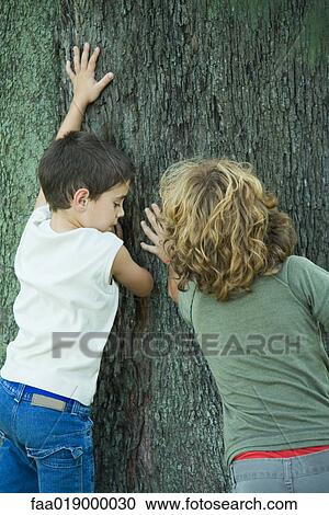 Two boys touching tree trunk, rear view View Large Photo Image Stock Image - Two boys touching tree trunk, rear view. Fotosearch