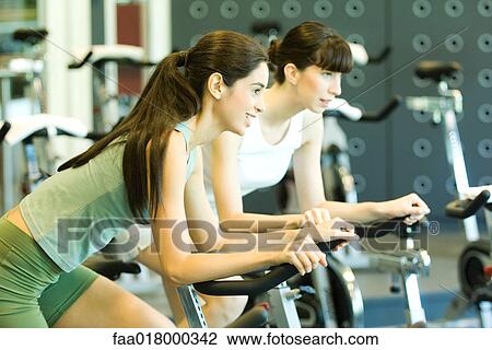 Two women riding exercise bikes View Large Photo Image Stock Image - Two women riding exercise bikes. Fotosearch