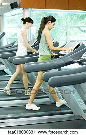 Stock Photo - Two women walking on treadmills. Fotosearch