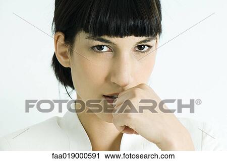 Woman, hand in front of mouth, portrait View Large Photo Image Stock Image - Woman, hand in front of mouth, portrait. Fotosearch