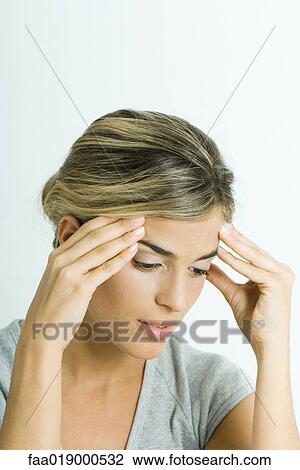 Woman, holding head, portrait View Large Photo Image Stock Image - Woman, holding head, portrait. Fotosearch