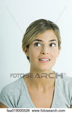 Woman, looking away, smiling, portrait View Large Photo Image Stock Photograph - Woman, looking away, smiling, portrait. Fotosearch
