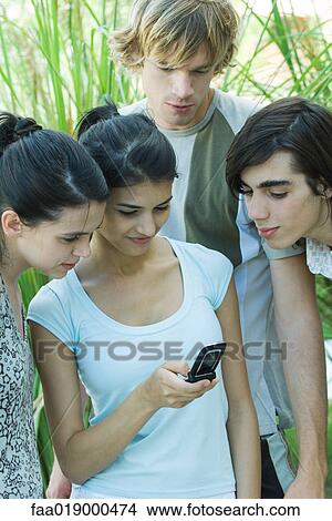 Young friends looking at cell phone together View Large Photo Image Picture - Young friends looking at cell phone together. Fotosearch