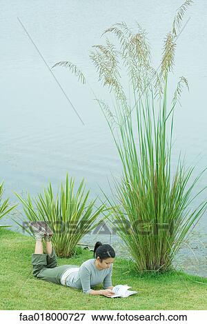 Young woman lying on grass by edge of lake, reading View Large Photo Image Stock Photo - Young woman lying on grass by edge of lake, reading. Fotosearch