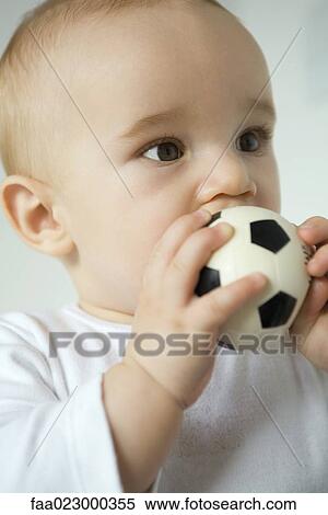 Baby putting toy soccer ball in mouth, close-up View Large Photo Image Stock Photography - Baby putting toy soccer ball in mouth, close-up. Fotosearch