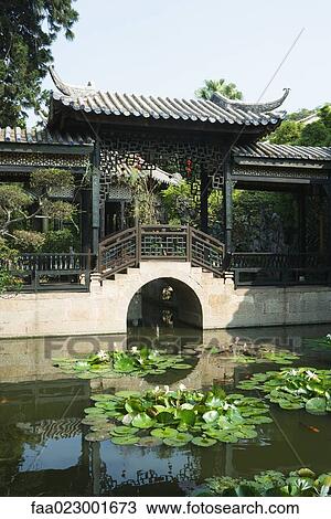 Stock Image - Chinese temple, lily pond and pagoda. Fotosearch