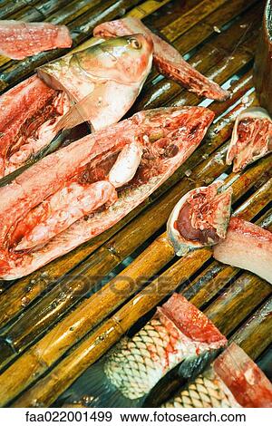Stock Photo - Cut up fish in market stall, close-up. Fotosearch